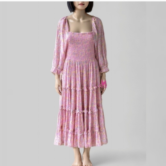LOVESHACKFANCY Capri Tiered Shirred Midi Dress Size M | Romantic Floral | Fairy - Picture 3 of 13
